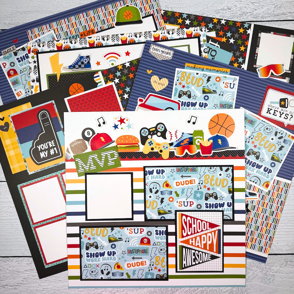 12x12 Teen Vibe Boy Scrapbook Layout Kit with sports, gaming, pizza, burgers, and skateboards