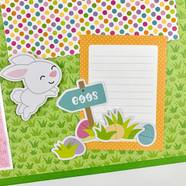12x12 Easter Scrapbook Page Layout with bunny rabbits, easter eggs, and journaling card