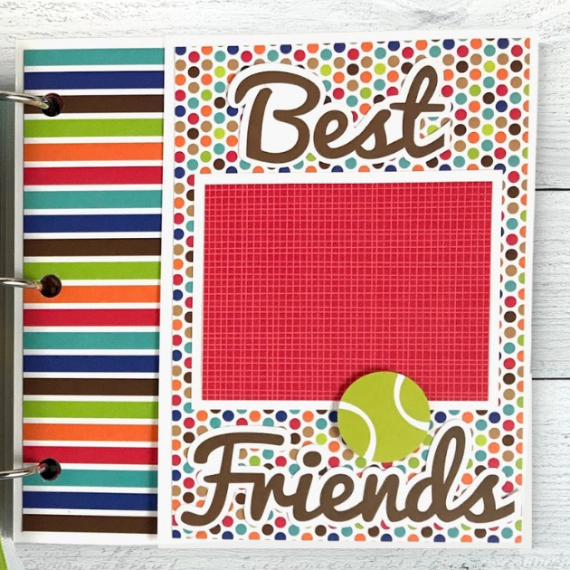 So Dog Gone Cute Scrapbook Mini Album Page with a tennis ball and lots of colorful polka dots and stripes