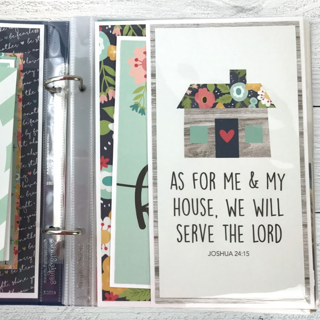 Faith Scrapbook Album page with flowers, a house, a pocket, and pretty journaling cards