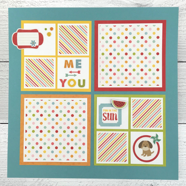 12x12 Summer Days scrapbook layouts with stripes, polka dots, a dog, and a watermelon slice