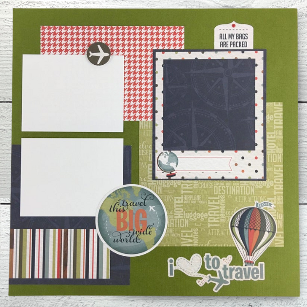 12x12 Travel Adventures Scrapbook Layout with a globe, a hot air balloon, stripe, and a houndstooth pattern