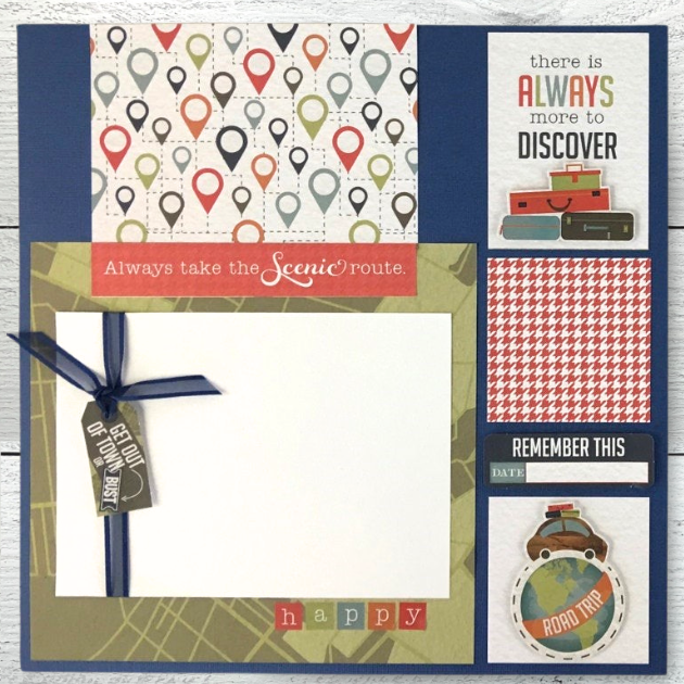 12x12 Travel Adventures Scrapbook Layout with a globe, a car, luggage, and a ribbon