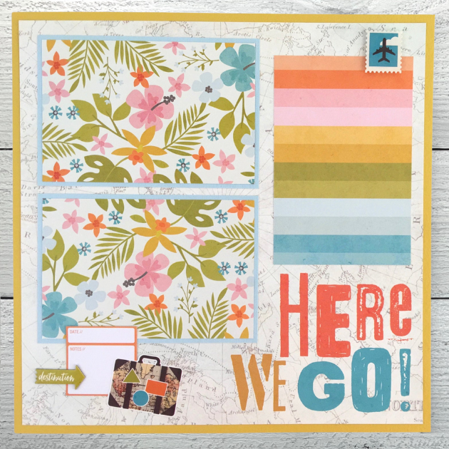 12x12 Tropical Summer Scrapbook Page Layout with hibiscus, flowers, palm leaves, luggage, and colorful stripes