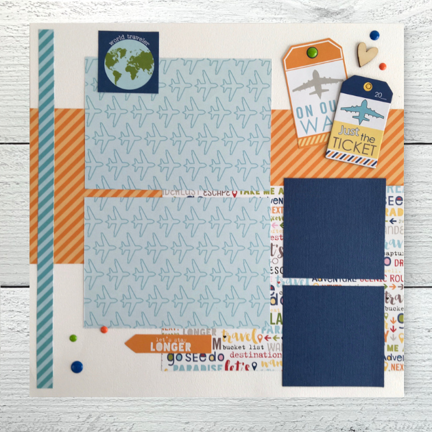 12x12 Travel Memories Scrapbook Layouts with airplanes, a globe, tickets, tags, and enamel dots