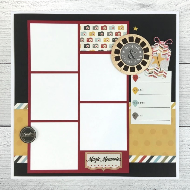 Disney themed 12x12 scrapbook layouts with cameras, stripes, and a tag