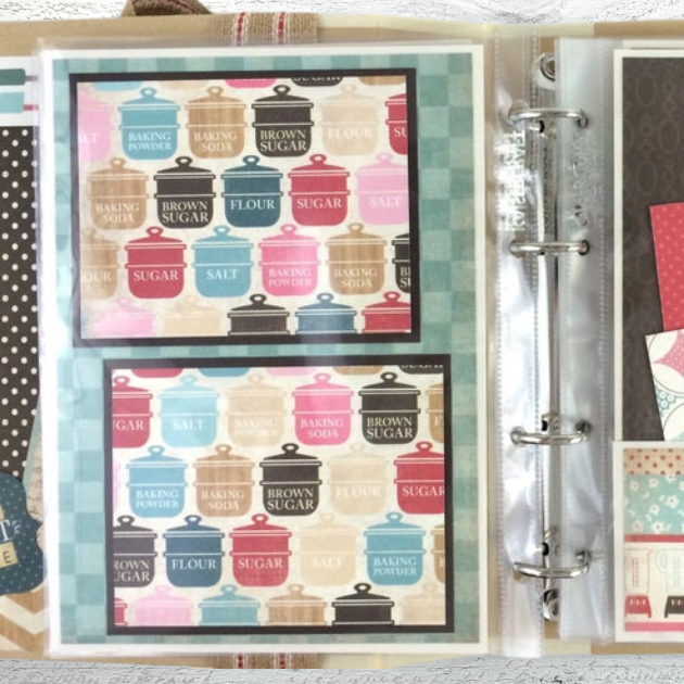 Favorite Family Recipes Scrapbook Album page with canisters, polka dots, and a checkered pattern