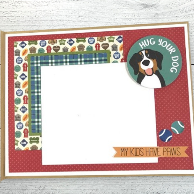 Woof Dog Scrapbook Mini Album page with a dog, tennis balls, and dog tags