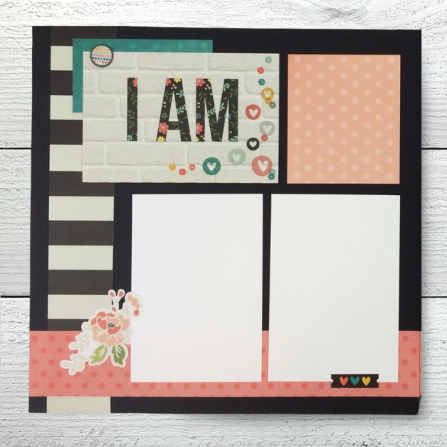 12x12 I AM Scrapbook Layout with hearts, polka dots, and a white brick pattern