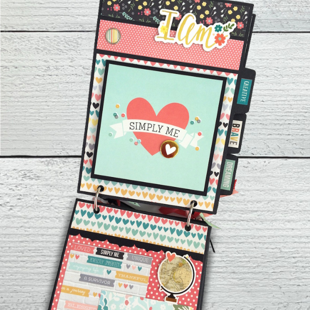 I Am Scrapbook Mini Album Page with pretty colors, flowers, hearts, gold foil, and lots of positive, encouraing words