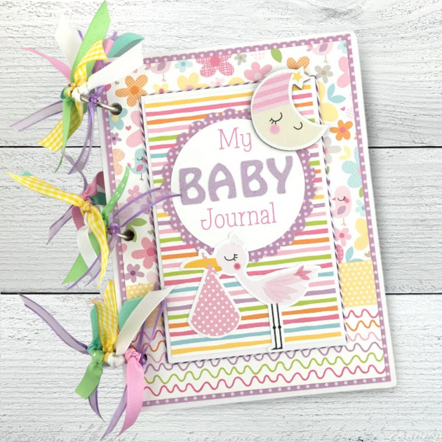 Baby Girl Scrapbook Journal Album with a stork, flowers, and a moon