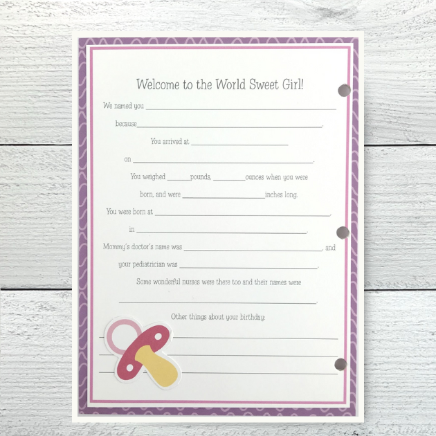 Baby Girl Scrapbook Journal Album with a journaling page and a pacifier