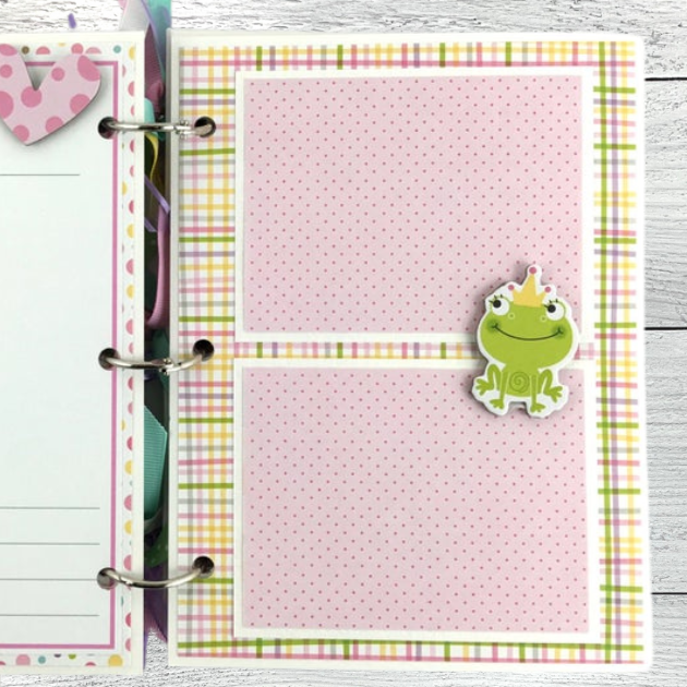 Baby Girl Scrapbook Album page with a cute frog, photo mats, and a pretty plaid paper