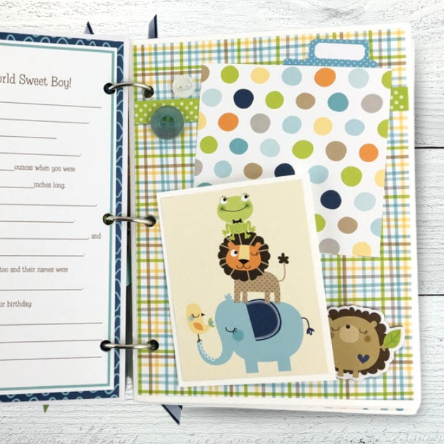 Baby Boy Scrapbook Journal Album page with cute animals like an elephant, lion, frog, and hedgehog