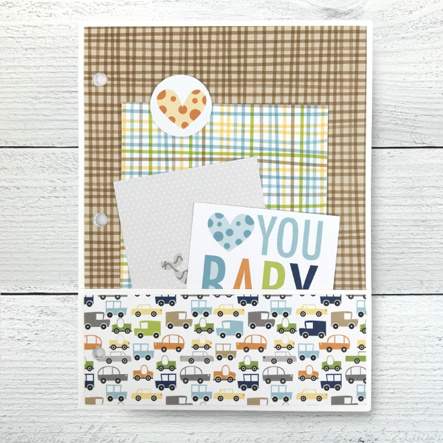 Baby Boy Scrapbook Journal Album page with a pocket, cards, and cute trucks and cars