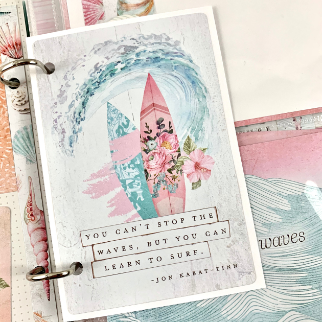 Beach & Seashells Scrapbook Album Page with waves, surfboards, and flowers