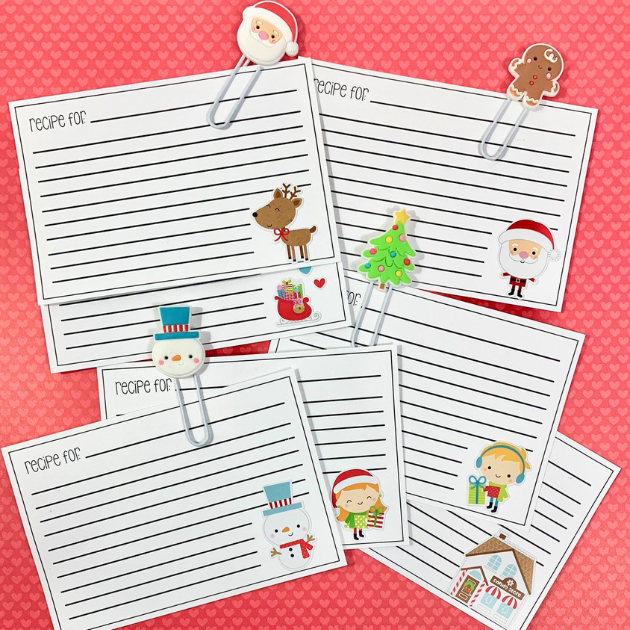 Christmas Recipe Cards with cute holiday images of a reindeer, Santa, snowmen, a house, gingerbread man, and a decorated tree