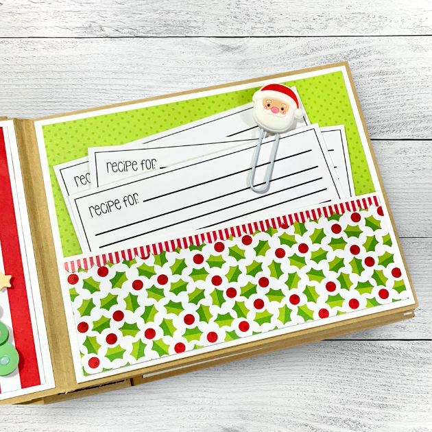 Christmas Recipe Scrapbook Album Page with a pocket, recipe cards, holly leaves, berries, and a Santa paper clip