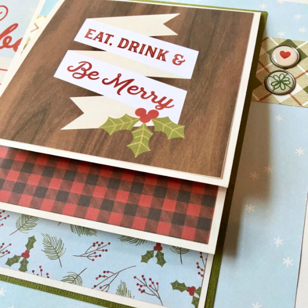 Magic of Christmas Scrapbook Album Page with a folding element, holly berries, enamel brads, and a red gingham print