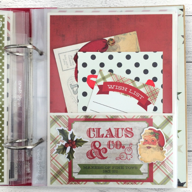 Dec. 25th Christmas Scrapbook Album Page with Santa, holly, a pocket, and journaling cards