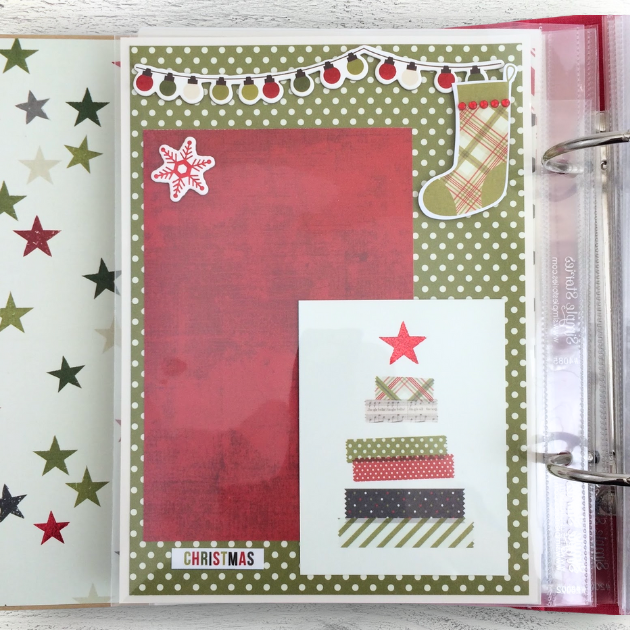 Dec. 25th Christmas Scrapbook Album Page with stars, strings lights, a stocking, and gifts