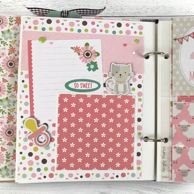 Sweet Baby Girl Scrapbook Album Page with flowers, a cat , a pacifier, and fun polka dots