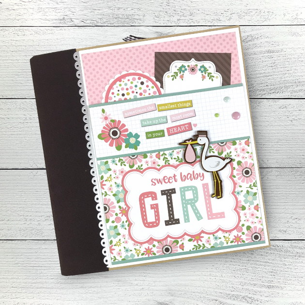 Sweet Baby Girl Scrapbook Album with a stork, pretty flowers, and pink polka dots