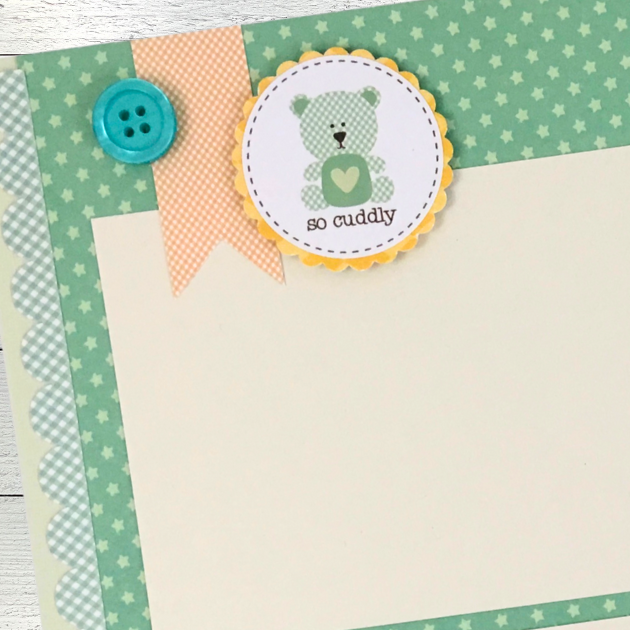 12x12 It's A Boy Baby Scrapbook Page Layout with stars, a cute scalloped circle with a teddy bear, and an aqua blue button