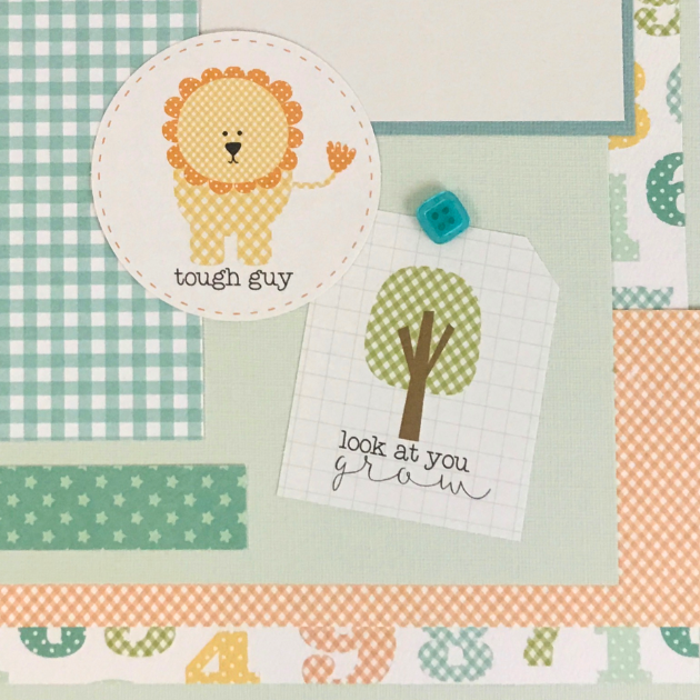 12x12 It's A Boy Baby Scrapbook Page Layout with a cute lion, a tree, stars, colorful numbers, and a aqua blue button