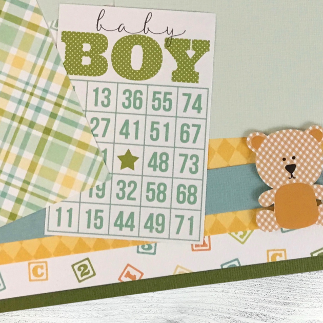 12x12 It's A Boy Baby Scrapbook Page Layout with a colorful plaid, a bingo card, diamond shapes, a cute teddy bear