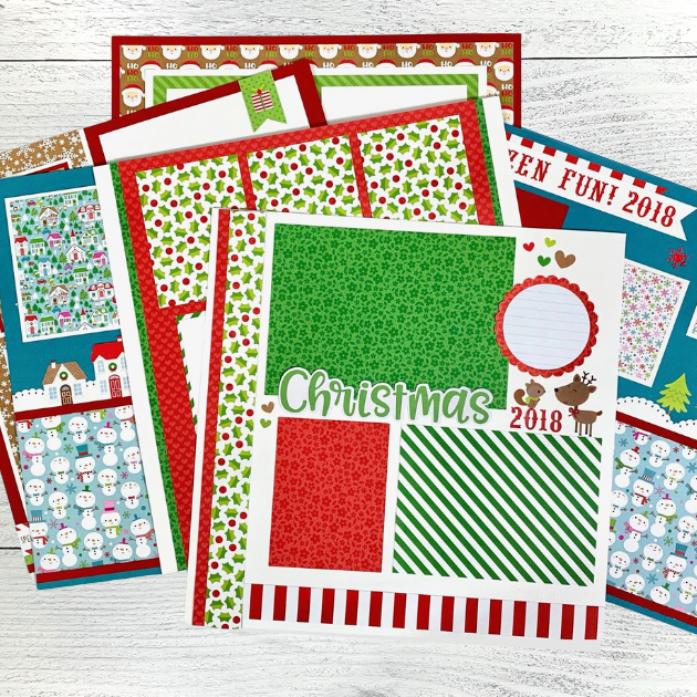 12x12 Christmas Town 6-Page Scrapbook Layout Instructions with reindeer, snowmen, Santa, and milk and cookies