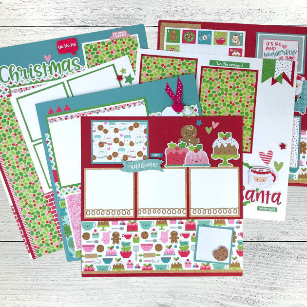 12x12 Santa Memories Scrapbook Page Layouts with gingerbread men, holly, Christmas trees, cookies, cakes, and lots of cute baking supplies