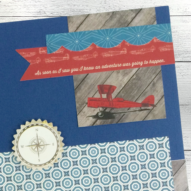 12x12 Be Awesome Boys Scrapbook Layout with an airplane, a compass rose, and a wood grain paper