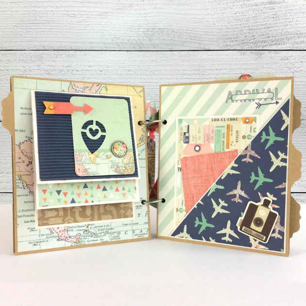 Life Is a Journey Travel Scrapbook Mini Album pages with waterfall element, maps, enamel brads, a pocket, journaling cards, a camera, and tags