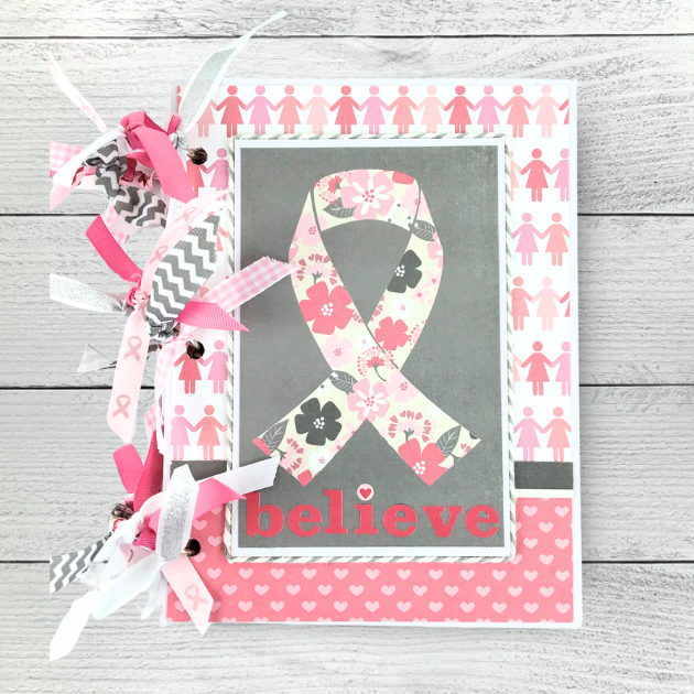 Believe In A Cure Scrapbook Mini Album for photos of a breast cancer journey, a charitable event, or a walk/run