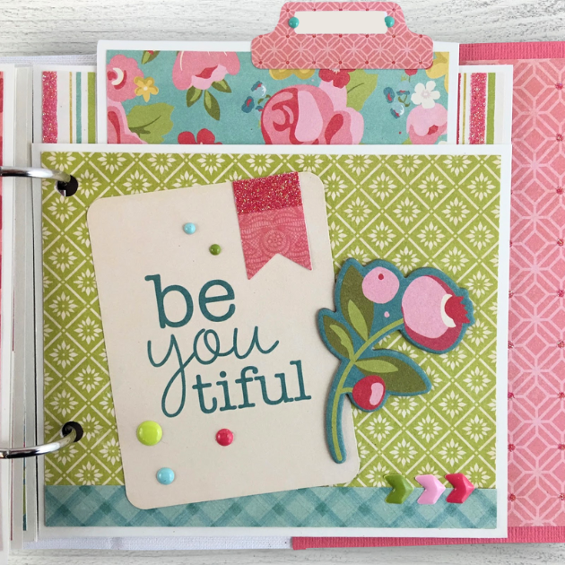 So Thankful For Mom Scrapbook Album Page with a pocket, flowers, enamel dots, and pretty geometric papers