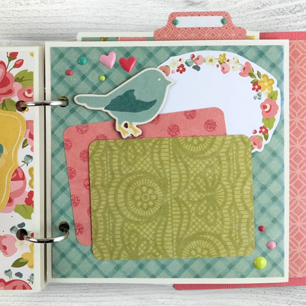 So Thankful For Mom Scrapbook Album Page with flowers, hearts, a bird, enamel dots, and a pretty geometric print