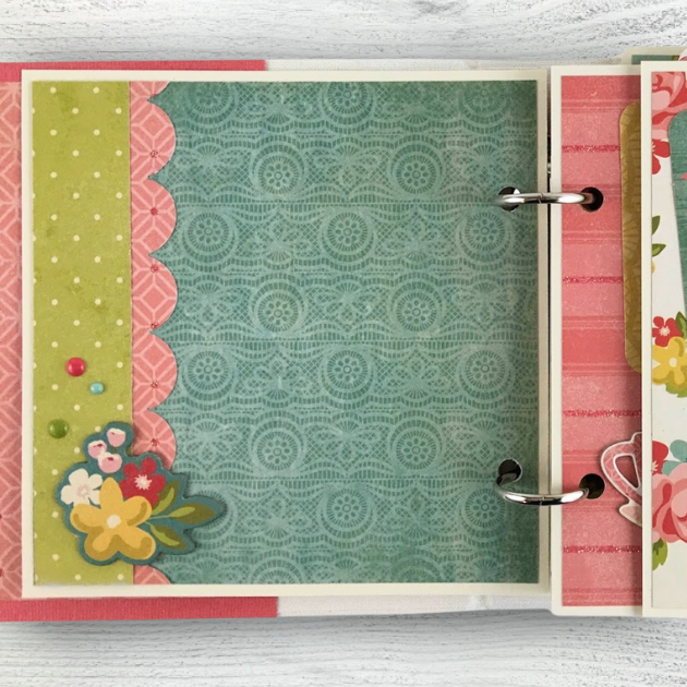 So Thankful For Mom Scrapbook Page with flowers, enamel dots, and pretty lace pattern papers