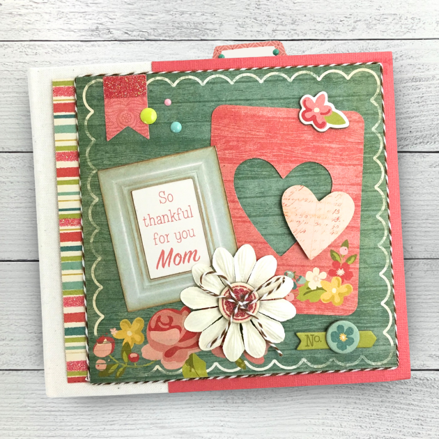 So Thankful For Mom Scrapbook Mini Album with flowers, hearts, birds, enamel dots, and pretty lace pattern papers