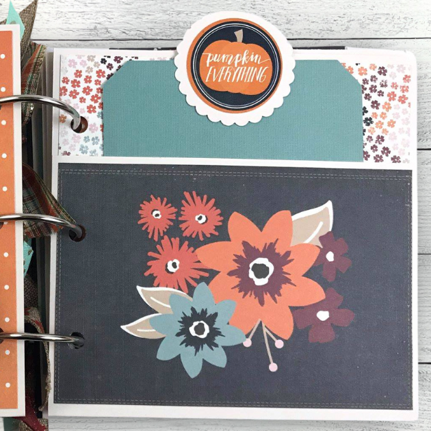 Forever Fall Memories Scrapbook Album Page with a pocket, a journaling card, a pumpkin, and flowers