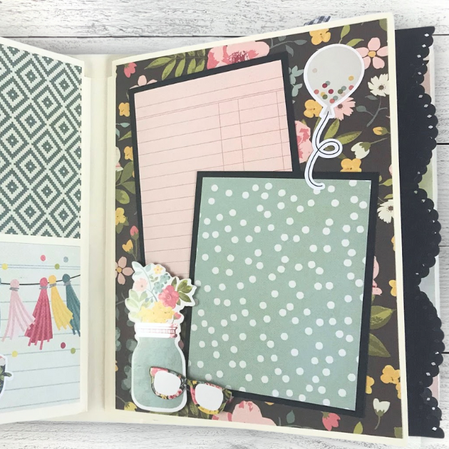 I AM Scrapbook Mini Album page with flowers, a jar, glasses, a balloon, and a scalloped lace trim