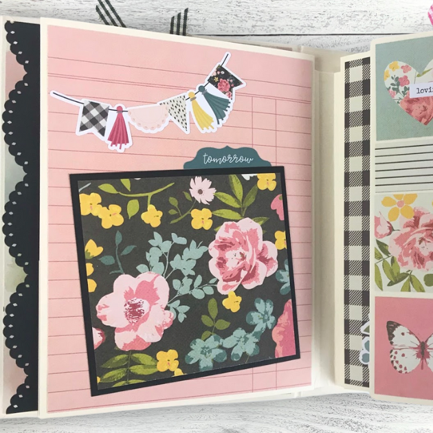 I AM Scrapbook Mini Album page with flowers, a cute banner, and a scalloped lace trim