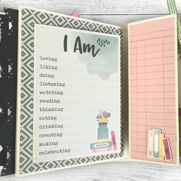 I AM Scrapbook Mini Album journaling page with flowers, books, and a scalloped lace trim