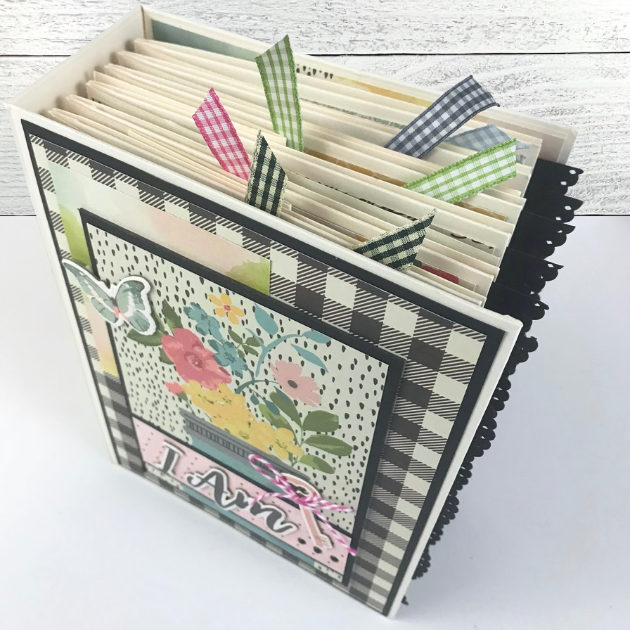 I AM Scrapbook Mini Album with flowers, butterflies, books, banners, ribbons, and  scalloped lace trim