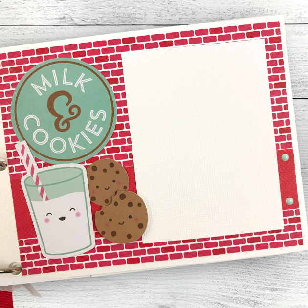 Baking Memories Christmas Scrapbook Album Page with a glass of milk, cookies, and a cute red brick paper