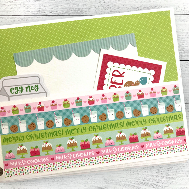 Baking Memories Christmas Scrapbook Album Page with a pocket, journaling cards, milk and cookies, and cakes