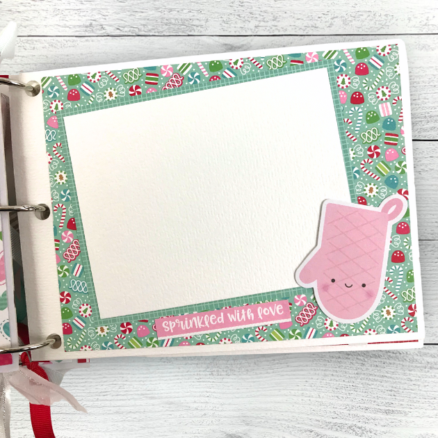 Baking Memories Christmas Scrapbook Album Page with lots of colorful candy and a pink oven mitt
