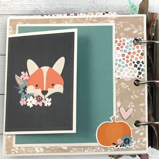 Forever Fall Memories Scrapbook Album Page with a fold-out card, a cute fox, flowers, and a pumpkin