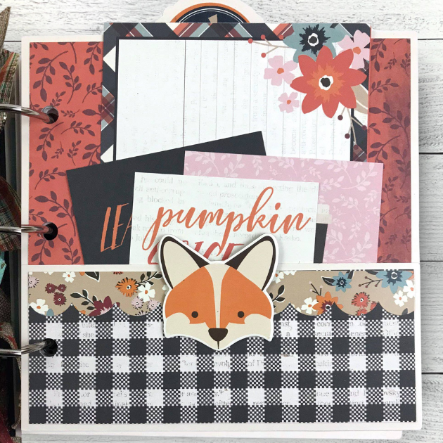 Forever Fall Memories Scrapbook Album Page with a pocket, journaling cards, a cute fox, and flowers
