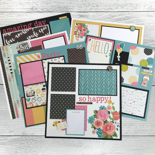 12x12 Amazing Day Scrapbook 6-Page Layouts with flowers, polka dots, & lots of pretty colors